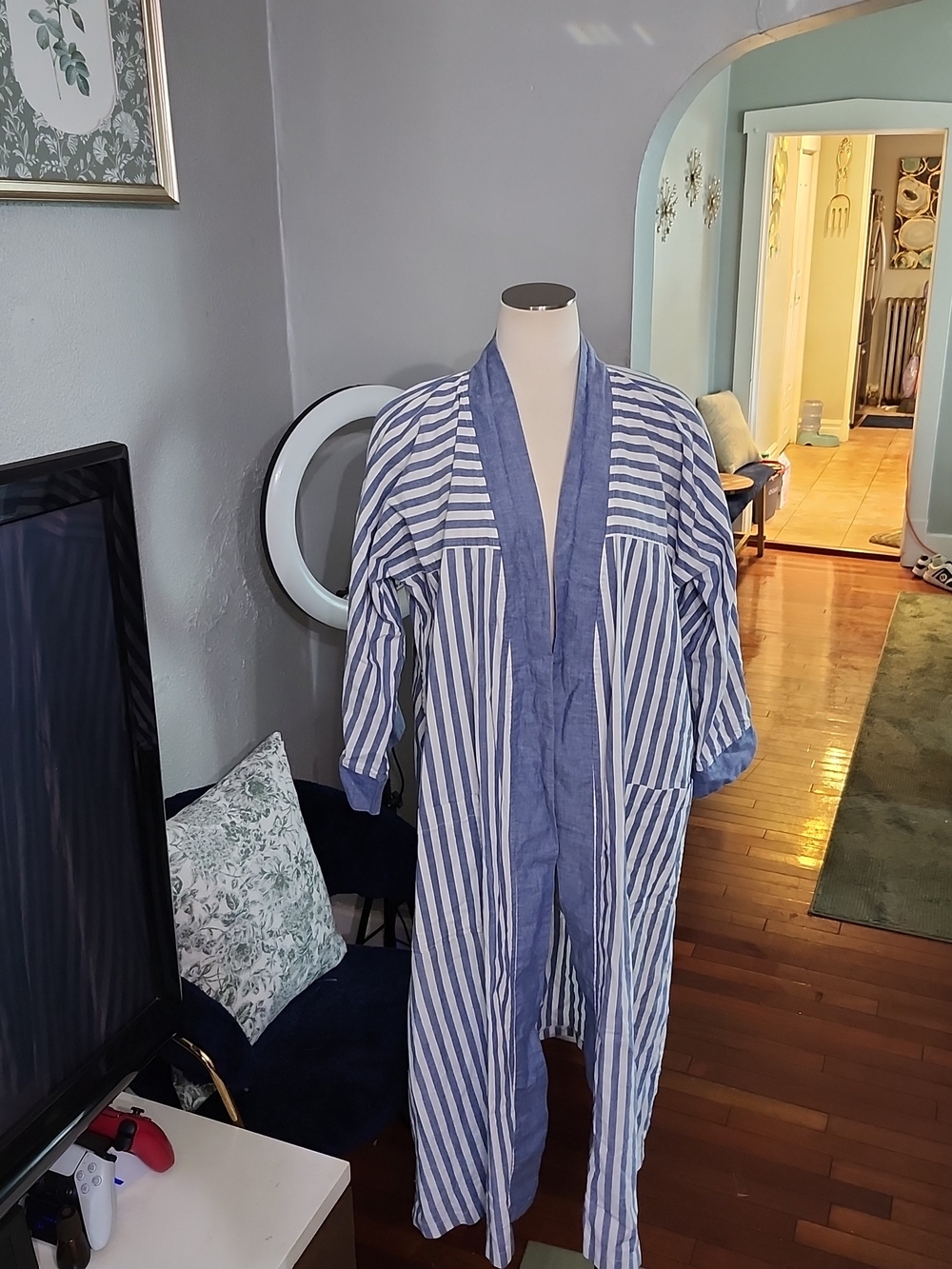 Christian Dior Blue Pinstripe Long Robe/ Duster Coat Cardigan No Belt O/S Cotton - Picture 6 of 11